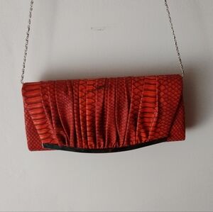 Textured Burnt Orange Evening Clutch with Chain Strap Faux Snake Skin